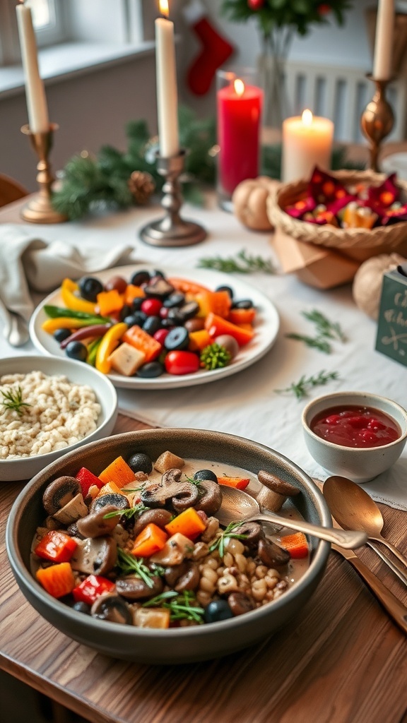 Festive Vegetarian Christmas Dinner A festive vegetarian Christmas dinner with roasted vegetables, mushroom risotto, and cranberry sauce on a decorated table.